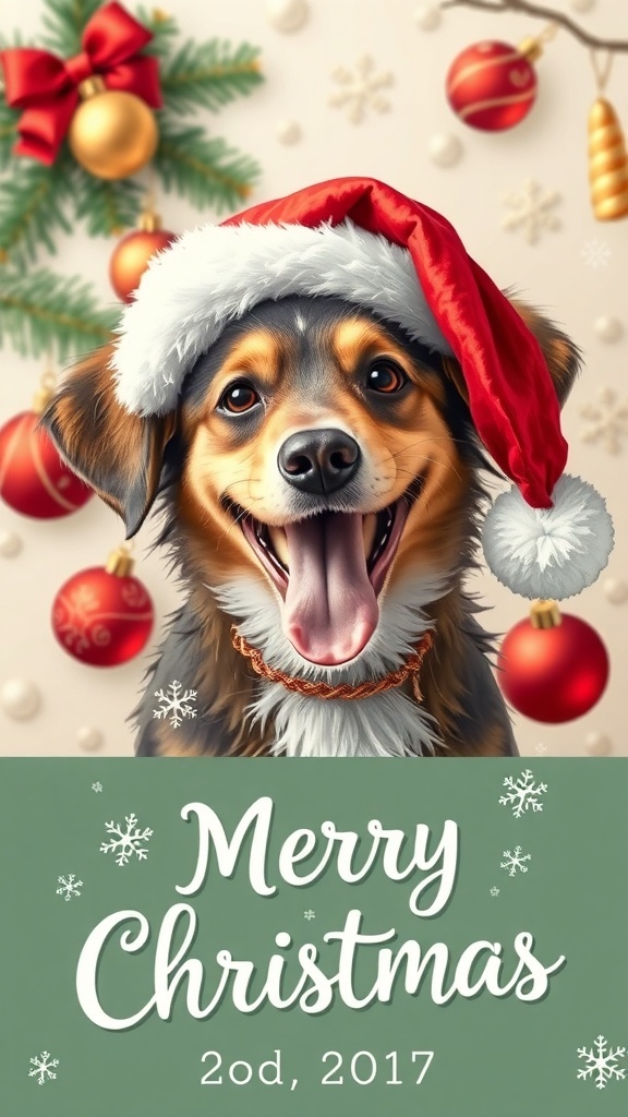 Festive Christmas Card Featuring a Dog A Christmas card with a dog in a Santa hat, decorated with snowflakes and festive elements.